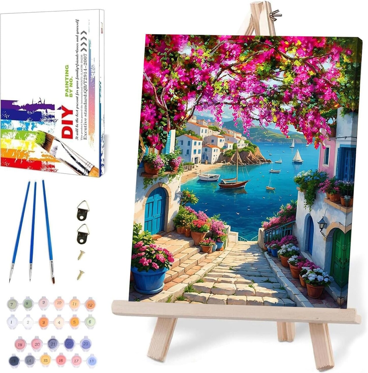 Scenery Paint by Numbers Kit for Adults – 12×16" Framed Landscape Canvas with Brushes & Wooden Easel, Flowers and Sea Oil Painting for Home Wall Decor